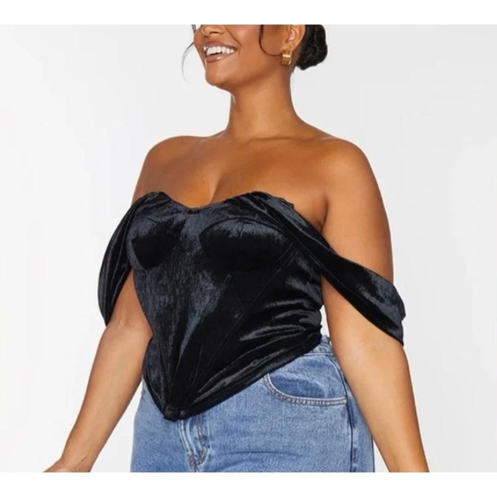 PrettyLittleThing Bardot Corset Top Womens 18 Black BNWT Velvet Off Shoulder‎